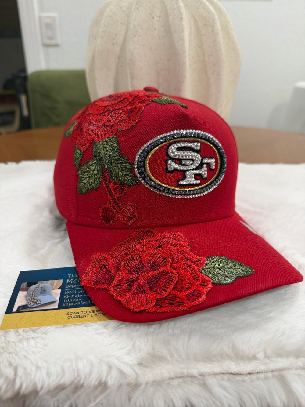 New Era Red Baseball Cap with Rhinestone SF Logo and Rose Embroidery